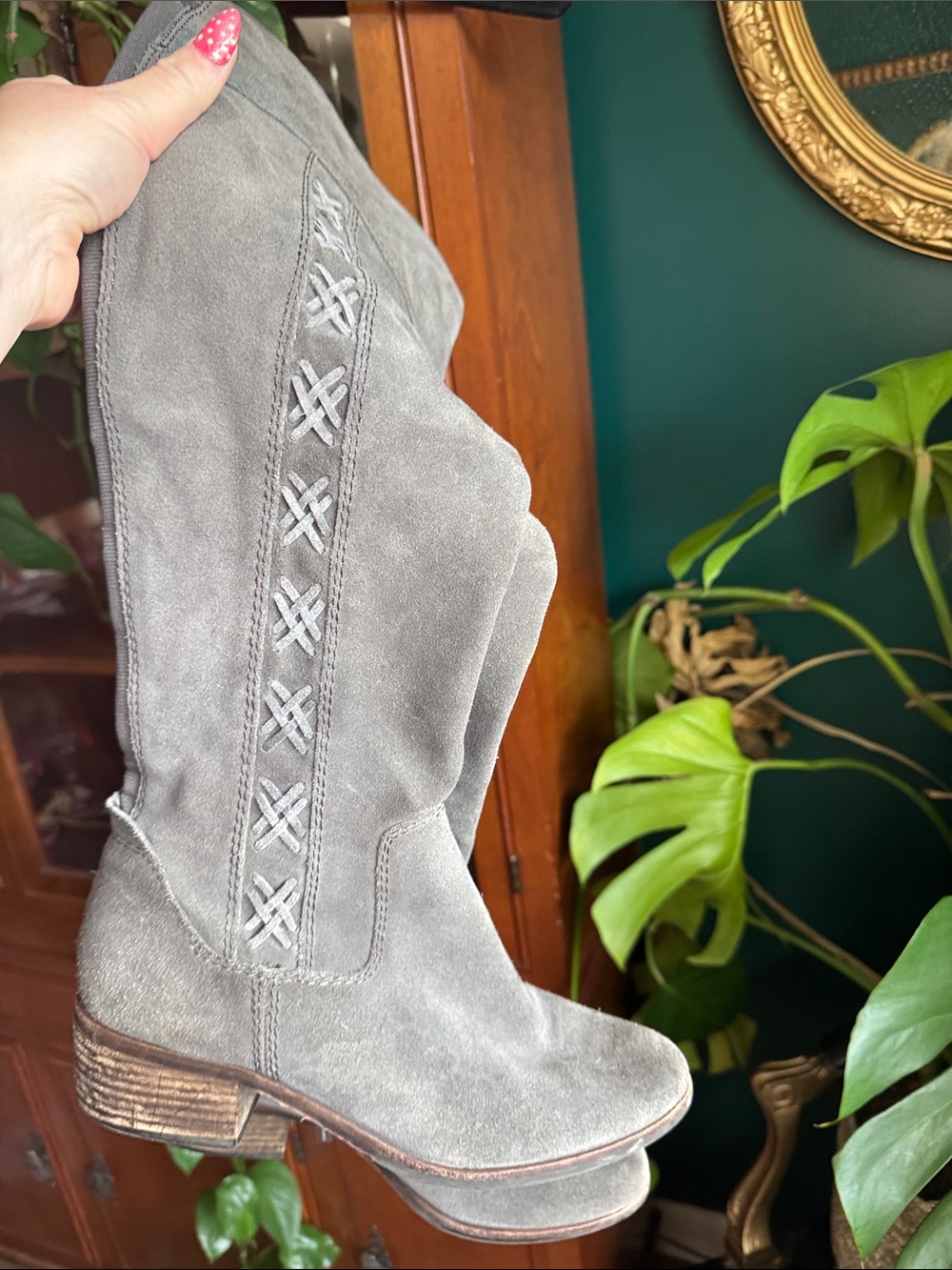 Vince Camuto Grey Suede Mid-Calf Heeled Boots